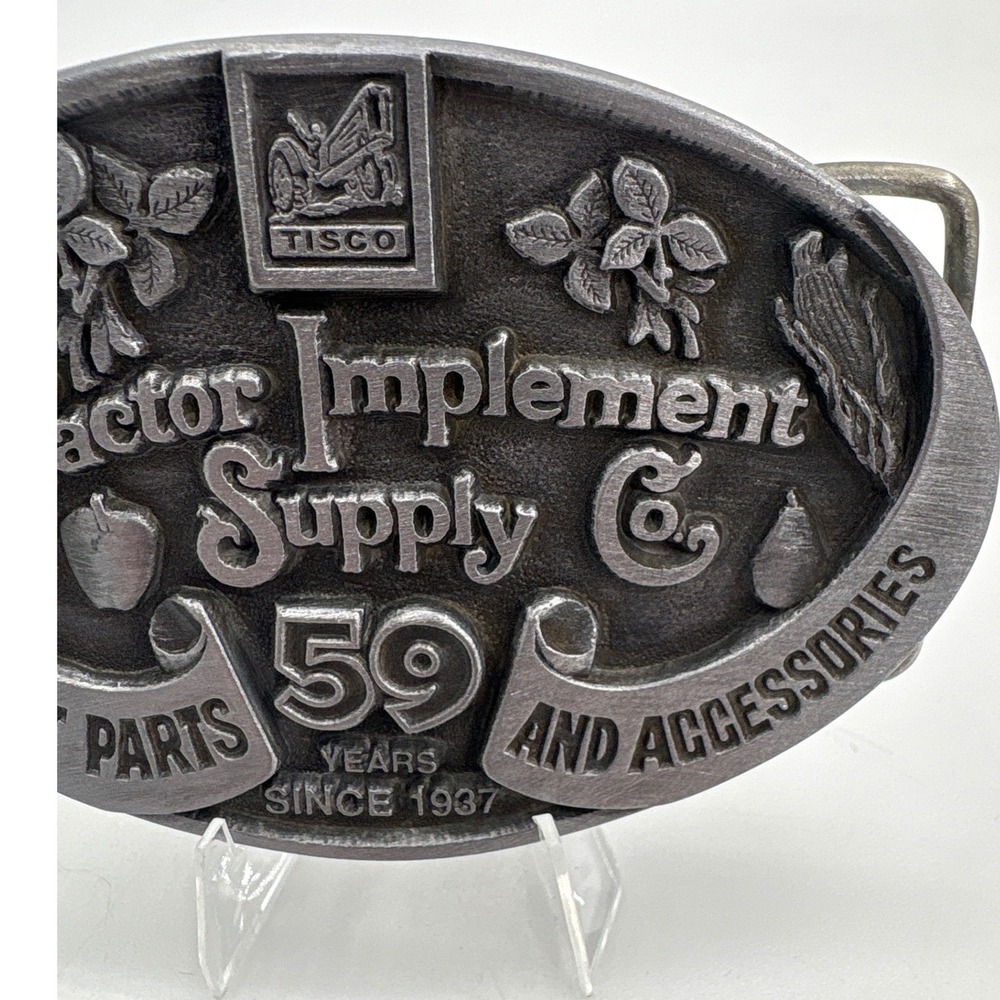 Tisco Tractor Implement Supply Co 59 Years Belt Buckle 1996 Vintage Pewter Tone - Picture 3 of 4